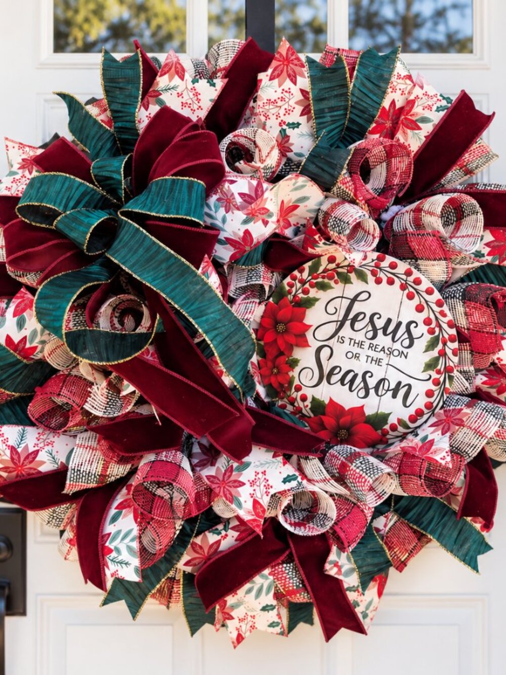 Jesus Is the Reason Christmas Wreath Handmade Deco Mesh Burgundy Green Holiday